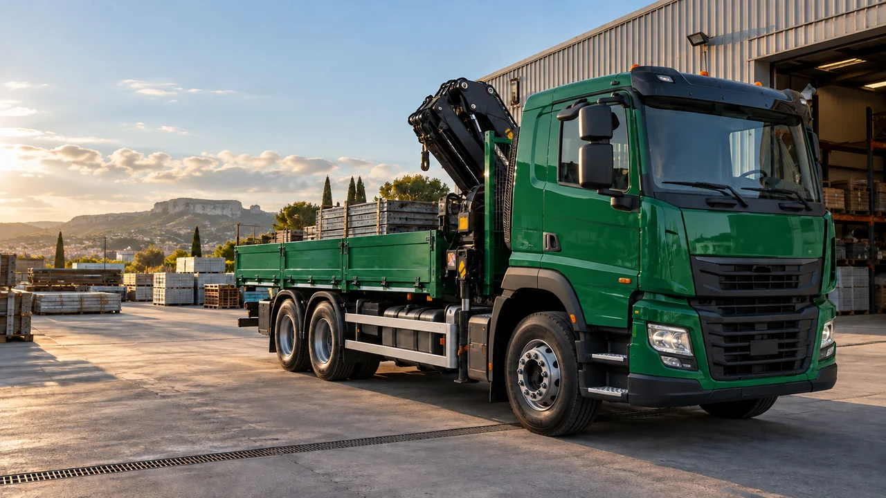 Camion-grue vert dans un dépôt industriel