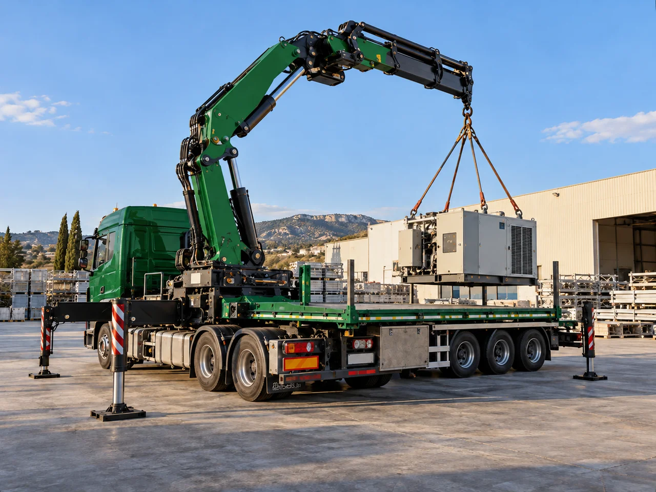 Camion-grue vert et charge industrielle