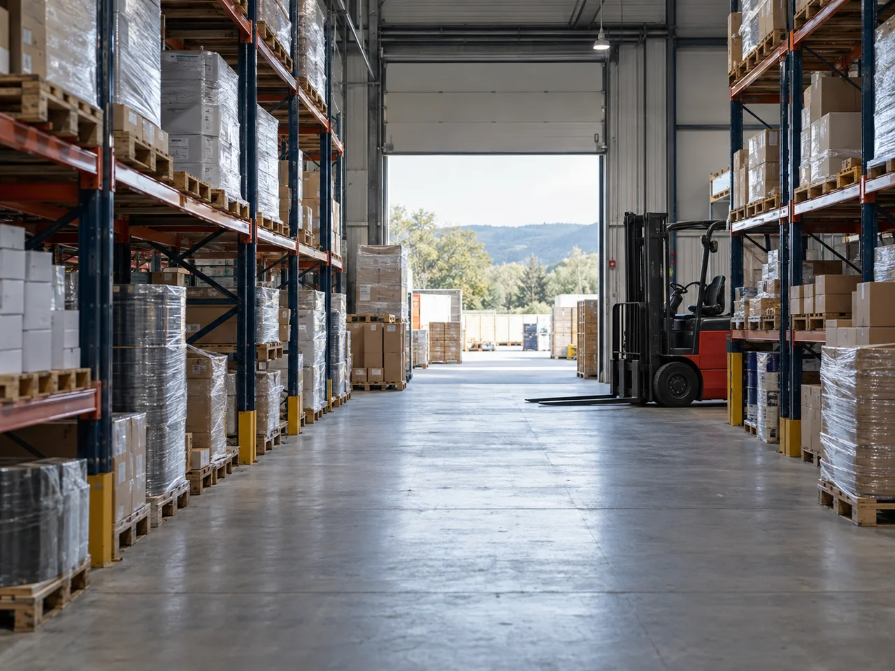 Marchandises palettisées dans un entrepôt