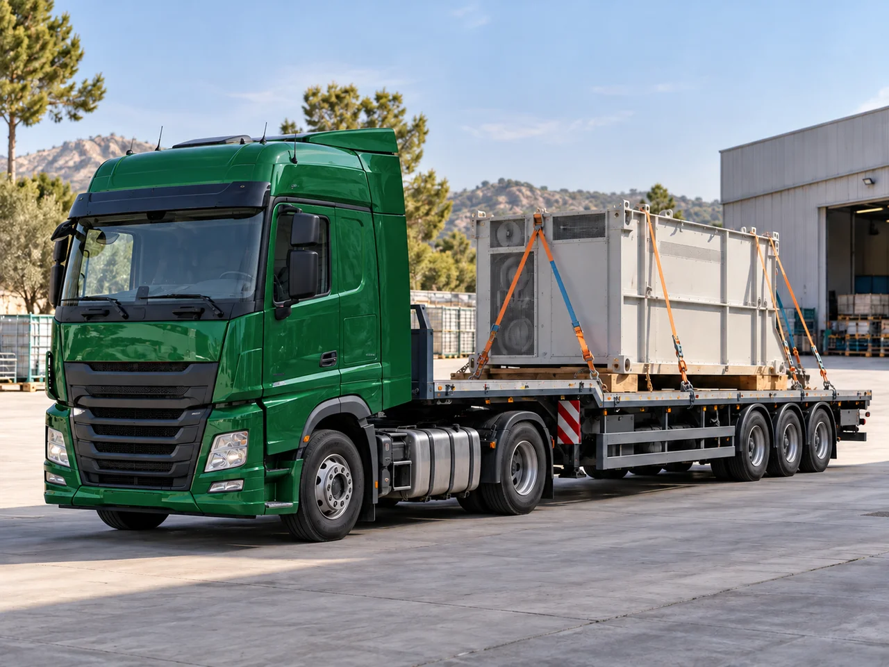 Camion vert transportant un équipement industriel arrimé
